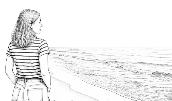 Claudia am Meer mit dem Blick aufs Wasser, mit Bleistift gezeichnet